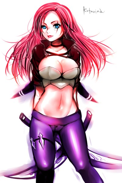 Anime picture 2000x3000 with league of legends katarina (league of legends) qiuchengguizi single long hair tall image looking at viewer highres breasts blue eyes light erotic simple background large breasts white background holding pink hair lips midriff scar hands behind back