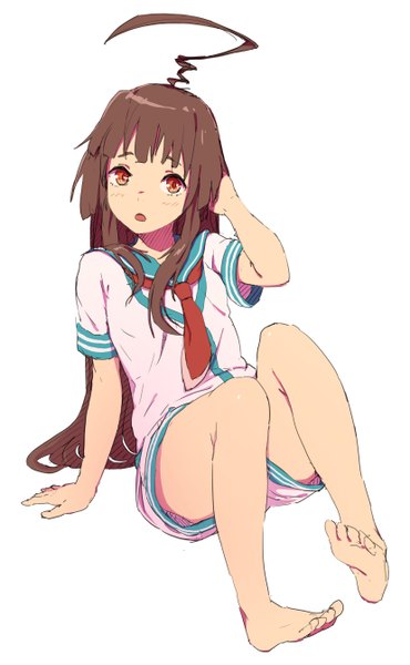Anime picture 827x1340 with kantai collection kuma light cruiser youmak single tall image blush fringe open mouth simple background red eyes brown hair white background sitting looking away ahoge barefoot arm support hand on head girl sailor suit