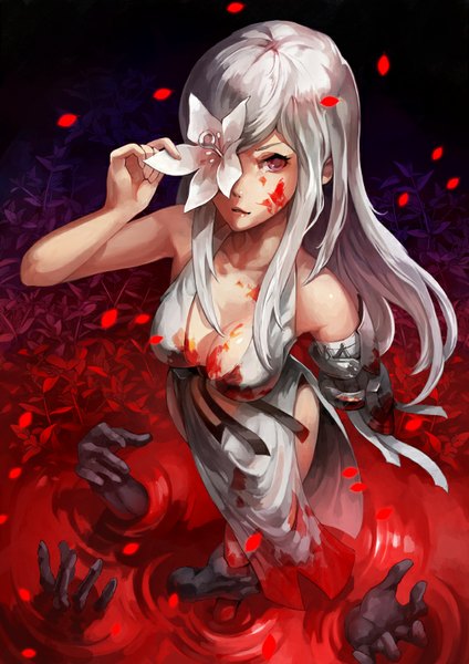 Anime picture 566x800 with drakengard zero (drag-on dragoon) jiro (ninetysix) long hair tall image looking at viewer breasts light erotic standing bare shoulders white hair pink eyes blood stains flower over eye girl dress flower (flowers) ribbon (ribbons) petals white dress