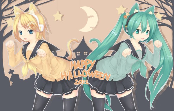 Anime picture 1557x1000 with vocaloid hatsune miku kagamine rin tagme (artist) long hair short hair blue eyes blonde hair twintails multiple girls animal ears animal tail aqua eyes cat ears aqua hair halloween happy halloween 2011 girl thighhighs