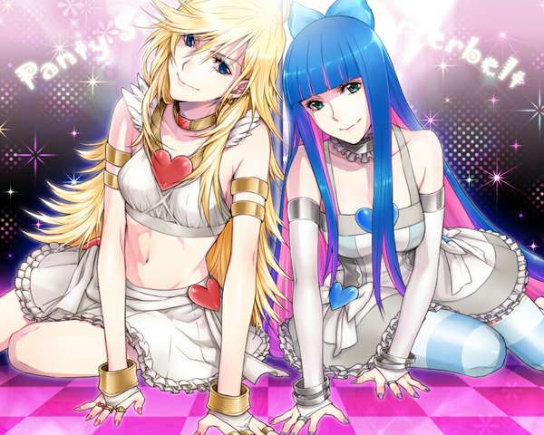 Anime picture 1000x800 with panty & stocking with garterbelt anarchy stocking anarchy panty chimachi long hair looking at viewer fringe blue eyes blonde hair sitting bare shoulders multiple girls green eyes blue hair nail polish multicolored hair two-tone hair colored inner hair checkered floor girl