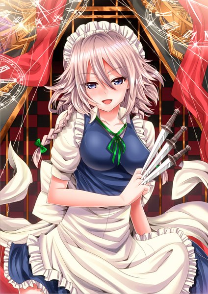 Anime picture 640x905 with touhou izayoi sakuya inu (marukome) single long hair tall image looking at viewer blush fringe breasts open mouth blue eyes smile silver hair maid girl uniform weapon headdress maid headdress