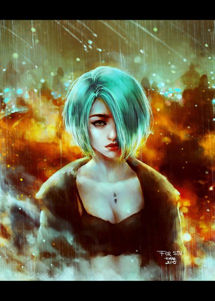Anime picture 1000x1400 with real life nanfe single tall image looking at viewer fringe short hair signed cleavage black eyes hair over one eye realistic aqua hair lipstick dated portrait letterboxed smoke rain red lipstick