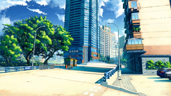 Anime picture 1648x931 with original xingyue ling wide image sky cloud (clouds) shadow no people street plant (plants) tree (trees) building (buildings) ground vehicle car road skyscraper lamppost
