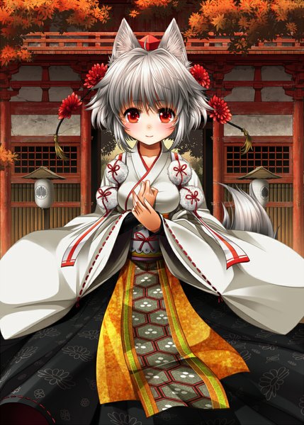 Anime picture 643x900 with touhou inubashiri momiji kei kei single tall image looking at viewer blush fringe short hair breasts smile red eyes large breasts standing animal ears ahoge tail long sleeves traditional clothes japanese clothes