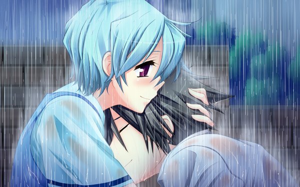 Anime picture 1280x800 with flag heshiori otoko aizawa yuu (flag heshiori otoko) suzuhara kogorou komo da short hair black hair wide image purple eyes blue hair game cg rain girl boy