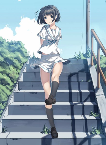 Anime picture 800x1094 with original joeian (artist) single tall image looking at viewer short hair blue eyes black hair girl skirt socks serafuku black socks stairs