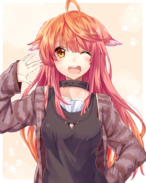 Anime picture 700x875 with original yuya (night lily) single long hair tall image looking at viewer blush fringe open mouth animal ears ahoge one eye closed wink orange hair open jacket orange eyes hand on hip fox ears happy close-up
