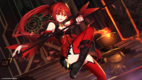 Anime picture 1323x744 with elsword ignia (elsword) swd3e2 single looking at viewer open mouth red eyes wide image ponytail red hair very long hair legs girl thighhighs dress weapon detached sleeves boots fire