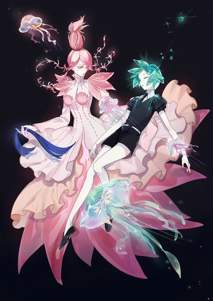 Anime picture 706x996 with houseki no kuni phosphophyllite ventricosus sanmen long hair tall image short hair simple background pink hair full body eyes closed pink eyes green hair puffy sleeves black background androgynous spoilers girl dress jellyfish