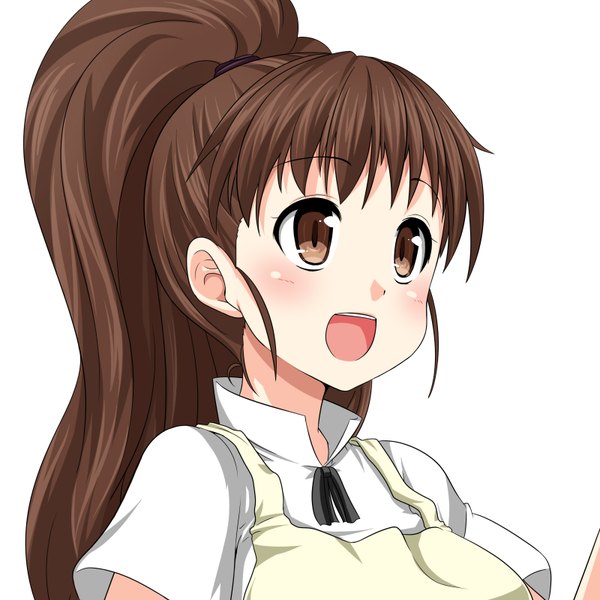 Anime picture 1600x1600 with working!! a-1 pictures taneshima popura single long hair blush open mouth simple background brown hair white background brown eyes ponytail girl shirt apron