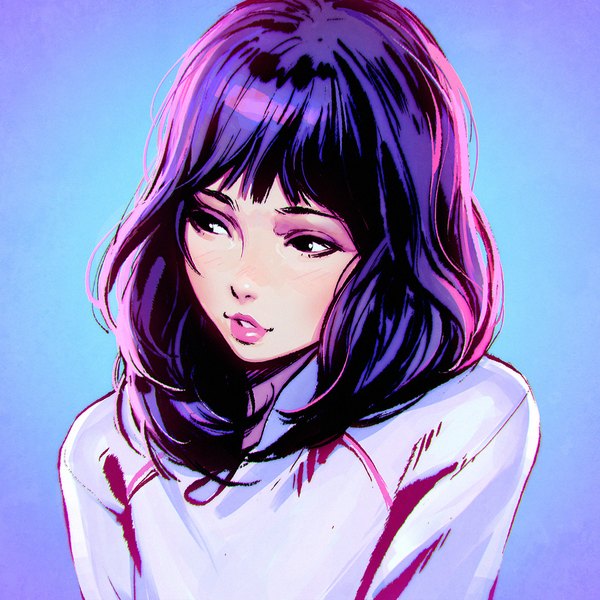 Anime picture 1080x1080 with original ilya kuvshinov single simple background looking away purple hair parted lips head tilt lips gradient background blue background eyebrows eyeshadow girl