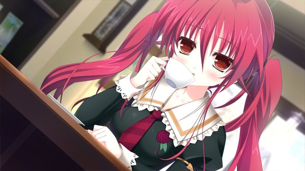 Anime picture 1280x720 with furuiro meikyuu rondo long hair red eyes wide image twintails game cg red hair girl uniform school uniform cup