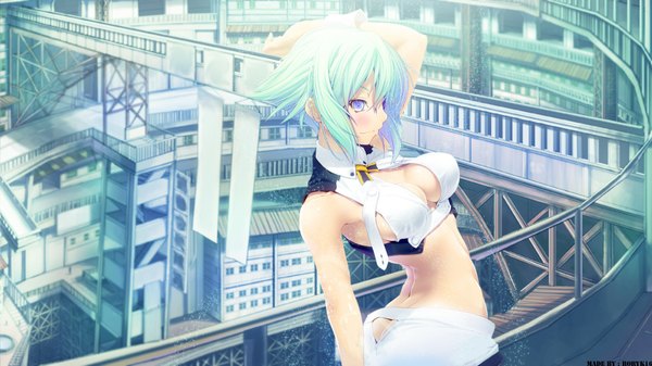 Anime picture 1920x1080 with aquarion (series) aquarion evol satelight zessica wong nilitsu blush highres short hair breasts light erotic wide image purple eyes green hair midriff girl shorts white shorts