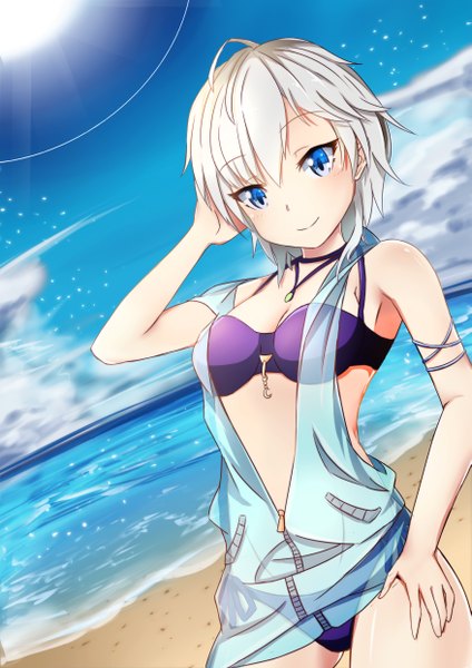 Anime picture 3507x4960 with idolmaster idolmaster cinderella girls anastasia (idolmaster) sylphinesnowphire (artist) single tall image looking at viewer blush fringe highres breasts light erotic smile standing bare shoulders absurdres silver hair cloud (clouds) ahoge sunlight