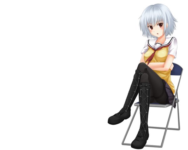 Anime picture 1600x1280 with ben-tou david production yarizui sen single blush short hair open mouth light erotic simple background red eyes white background sitting silver hair pantyshot sitting crossed arms girl uniform school uniform thigh boots chair