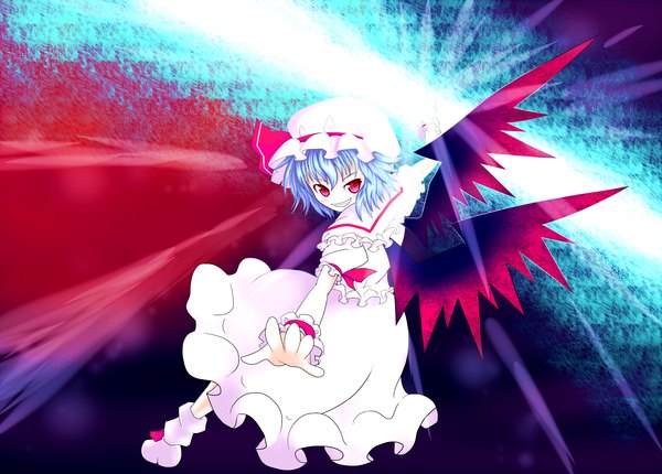 Anime picture 2000x1434 with touhou remilia scarlet cicin (artist) single highres short hair red eyes blue hair girl dress wings wrist cuffs bonnet