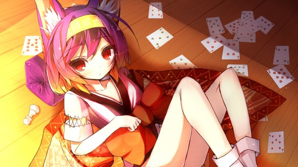 Anime picture 3000x1689 with no game no life madhouse hatsuse izuna if (asita) single long hair blush fringe highres blonde hair hair between eyes red eyes wide image animal ears looking away purple hair bent knee (knees) lying traditional clothes parted lips