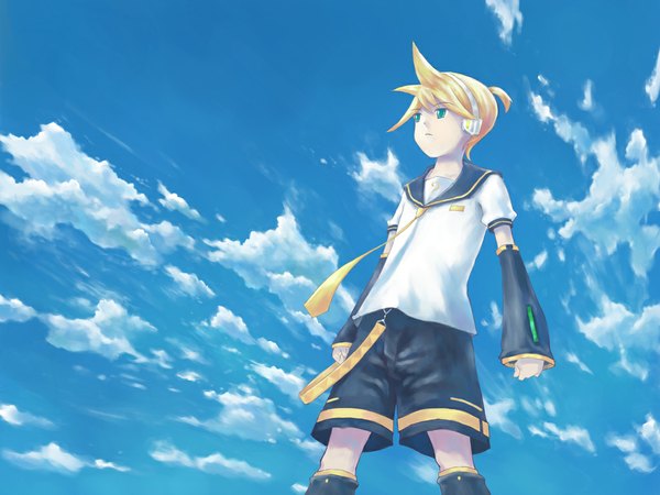 Anime picture 1024x768 with vocaloid kagamine len isou nagi single short hair blue eyes blonde hair looking away sky cloud (clouds) from below boy detached sleeves shorts headphones