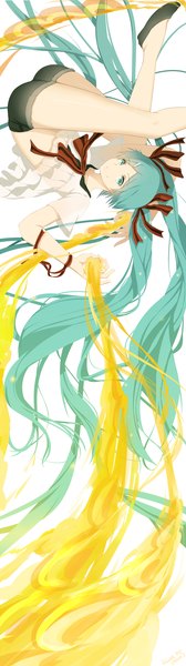 Anime picture 700x2500 with vocaloid hatsune miku hews single tall image simple background white background twintails very long hair aqua eyes aqua hair girl ribbon (ribbons) hair ribbon shorts fire sailor suit