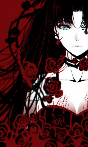 Anime picture 650x1085 with fate (series) toosaka rin yaoshi jun single long hair tall image looking at viewer fringe black hair upper body aqua eyes blurry depth of field pale skin red background girl flower (flowers) plant (plants) choker rose (roses)