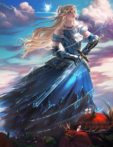 Anime picture 773x1000 with the story of cinderella cinderella sakimichan single long hair tall image blue eyes blonde hair standing bare shoulders holding signed sky cloud (clouds) parted lips wind lips sunlight realistic sparkle