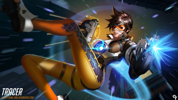 Anime picture 1600x900 with overwatch blizzard entertainment tracer (overwatch) liang xing single looking at viewer fringe short hair light erotic smile brown hair wide image holding brown eyes signed bent knee (knees) ass blurry realistic night