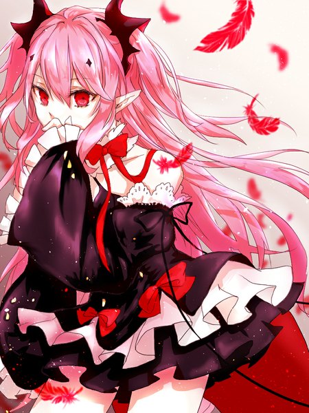 Anime picture 827x1102 with owari no seraph wit studio kururu tepes owari nami single tall image looking at viewer simple background red eyes bare shoulders pink hair long sleeves pointy ears grey background wide sleeves two side up hand on face vampire girl dress