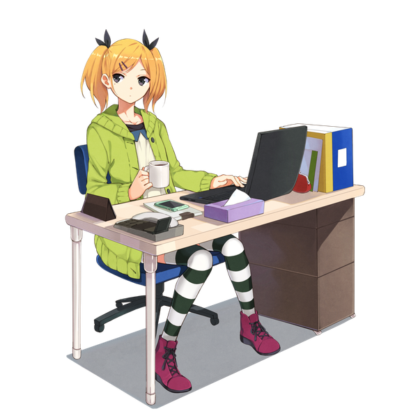 Anime picture 1080x1080 with shirobako p.a. works yano erika hao (patinnko) single long hair looking at viewer simple background blonde hair sitting twintails grey background open clothes open jacket grey eyes lacing girl thighhighs jacket book (books)