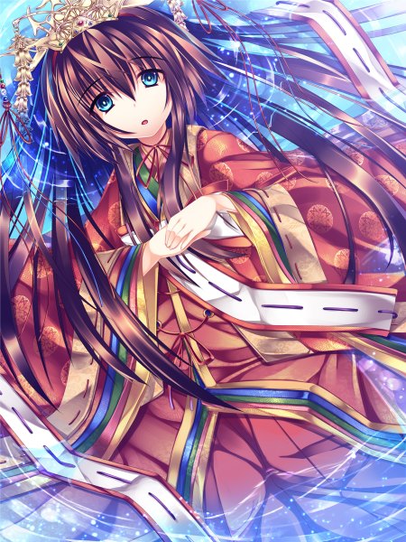 Anime picture 900x1200 with original roshin single long hair tall image open mouth blue eyes brown hair traditional clothes girl hair ornament water