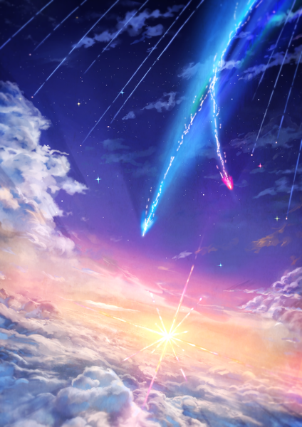 Anime picture 1447x2047 with kimi no na wa sue (frederica--bernkastel) tall image cloud (clouds) sunlight night night sky no people scenic morning sunrise meteor rain star (stars) sun