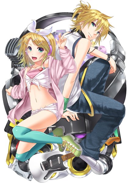 Anime picture 1024x1449 with vocaloid kagamine rin kagamine len chobipero tall image short hair open mouth blonde hair green eyes looking back midriff girl thighhighs boy navel hair ornament bow hair bow headphones bobby pin