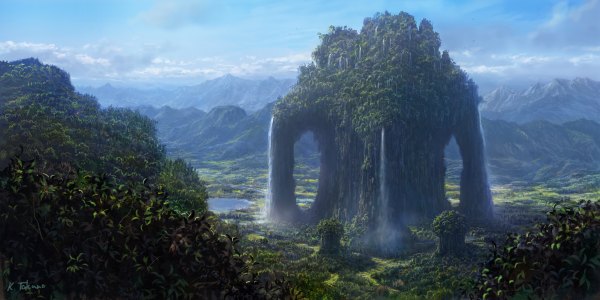 Anime picture 1200x600 with original k-takano wide image sky cloud (clouds) mountain landscape scenic waterfall plant (plants) animal tree (trees) water bird (birds) forest