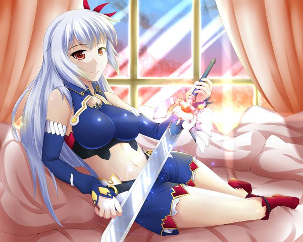 Anime picture 1200x960 with madan no ou to vanadis eleonora viltaria guardian-panda single long hair looking at viewer fringe breasts light erotic hair between eyes red eyes large breasts sitting bare shoulders holding payot cleavage silver hair full body bent knee (knees)