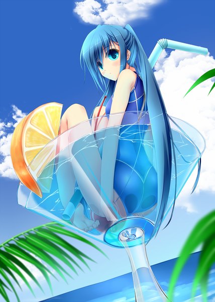 Anime picture 857x1200 with original shouyan single long hair tall image looking at viewer blush blue eyes light erotic blue hair sky cloud (clouds) girl swimsuit sea drink