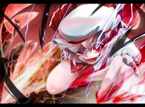 Anime picture 1119x827 with touhou remilia scarlet porurin short hair open mouth red eyes pink hair teeth magic sharp teeth crazy girl bonnet