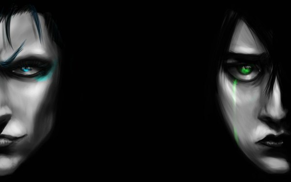 Anime picture 1280x800 with bleach studio pierrot ulquiorra schiffer grimmjow jeagerjaques satansly short hair blue eyes black hair simple background green eyes lips multiple boys lipstick black background face eyeshadow espada black lipstick boy 2 boys