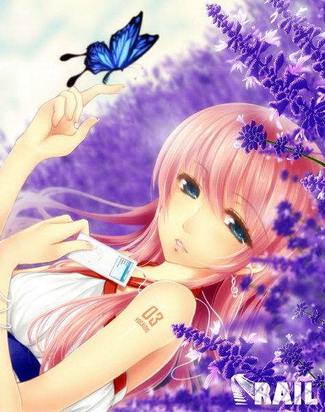 Anime picture 791x1000 with vocaloid ipod megurine luka rail (silverbow) single long hair tall image looking at viewer blush open mouth blue eyes bare shoulders pink hair sky cloud (clouds) light smile on back tattoo girl dress