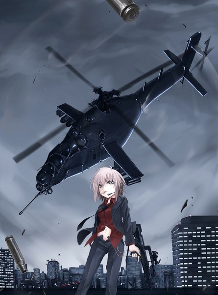 Anime picture 1140x1537 with original koh (minagi kou) single tall image fringe short hair blue eyes hair between eyes standing holding payot outdoors grey hair from below city cityscape open pants girl navel weapon