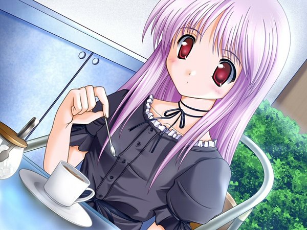 Anime picture 1024x768 with august fun box (game) red eyes game cg purple hair girl cup