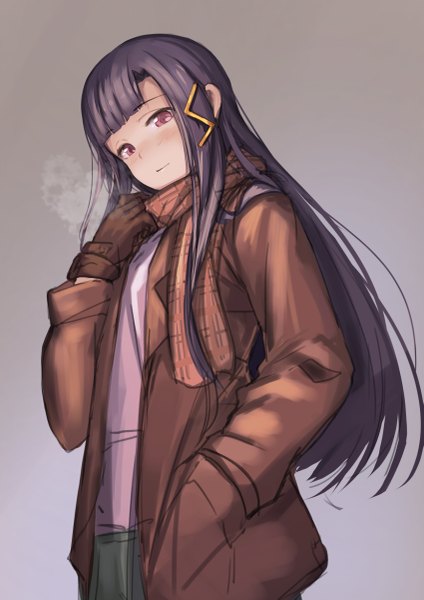 Anime picture 849x1200 with koruse single long hair tall image looking at viewer blush fringe simple background standing purple hair pink eyes light smile grey background open clothes open jacket exhalation hand in pocket girl gloves hair ornament