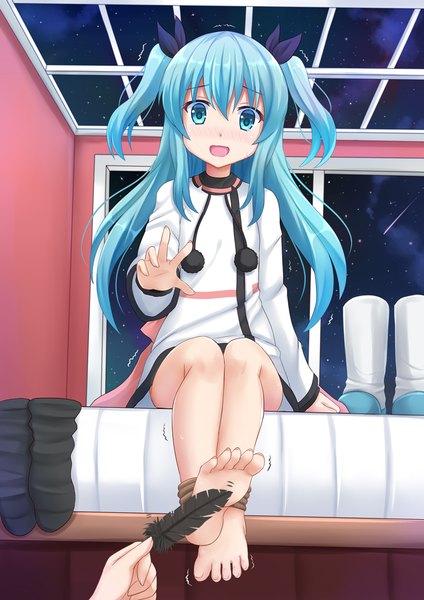 Anime picture 945x1337 with sora no method noel (sora no method) kazenokaze long hair tall image blush fringe open mouth blue eyes sitting blue hair full body indoors barefoot night two side up night sky soles shoes removed shooting star