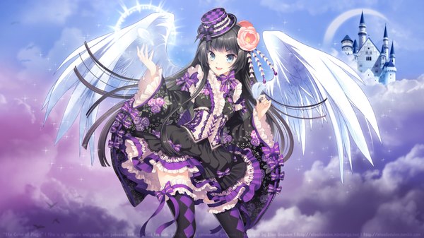 Anime picture 1920x1080 with original nardack single long hair looking at viewer highres open mouth blue eyes black hair wide image cloud (clouds) girl thighhighs dress black thighhighs hat wings frills feather (feathers) castle