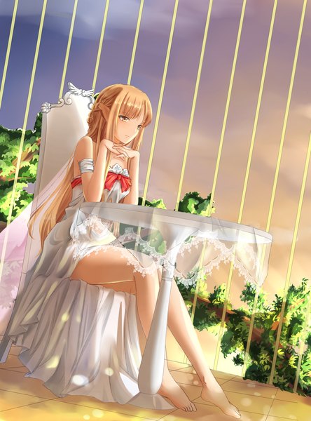 Anime picture 2600x3509 with sword art online a-1 pictures yuuki asuna titania (alo) leenalink single long hair tall image highres brown hair sitting brown eyes barefoot pointy ears legs girl dress plant (plants) white dress table