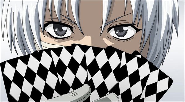 Anime picture 1105x610 with d.gray-man allen walker morrow single looking at viewer short hair simple background wide image white hair grey background grey eyes boy gloves card (cards)