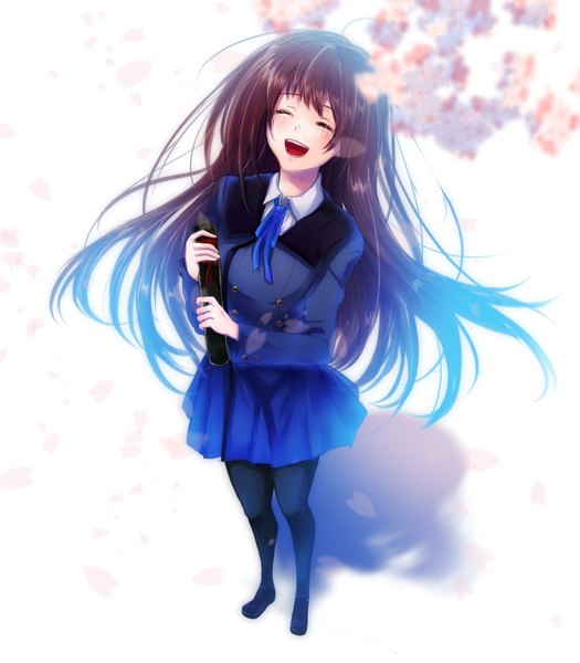 Anime picture 1400x1600 with original karo karo single long hair tall image brown hair eyes closed shadow girl uniform flower (flowers) school uniform petals