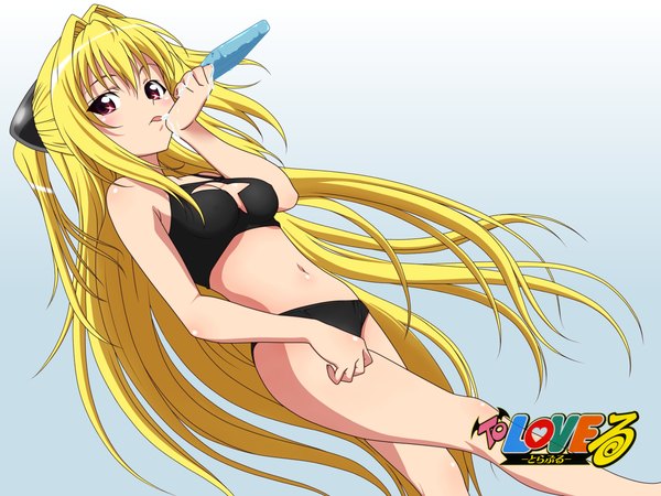 Anime picture 1600x1200 with toloveru toloveru darkness xebec konjiki no yami looking at viewer simple background blonde hair red eyes bare shoulders very long hair inscription licking girl navel swimsuit bikini food sweets black bikini ice cream