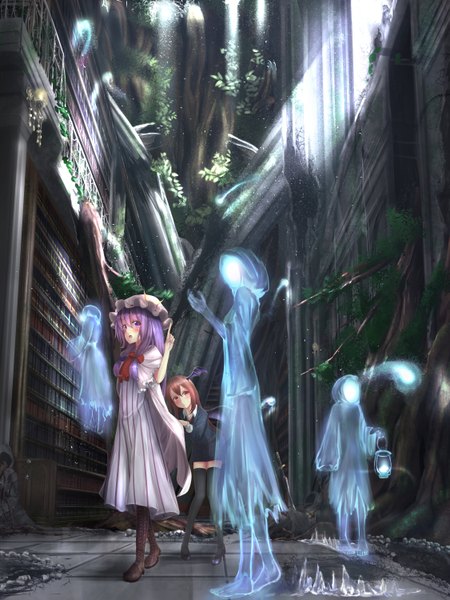 Anime picture 1125x1500 with touhou patchouli knowledge koakuma pops long hair tall image looking at viewer blush fringe open mouth brown hair standing purple eyes multiple girls holding brown eyes looking away purple hair bent knee (knees) indoors
