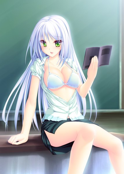 Anime picture 1024x1434 with original tenmaso single long hair tall image light erotic sitting green eyes white hair open clothes open shirt teacher girl