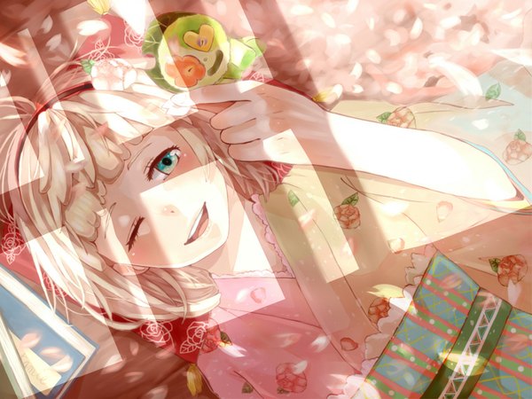 Anime picture 1024x768 with ao no exorcist a-1 pictures moriyama shiemi nii (ao no exorcist) blush short hair open mouth blonde hair smile lying traditional clothes japanese clothes one eye closed wink demon girl flower (flowers) petals hairband obi
